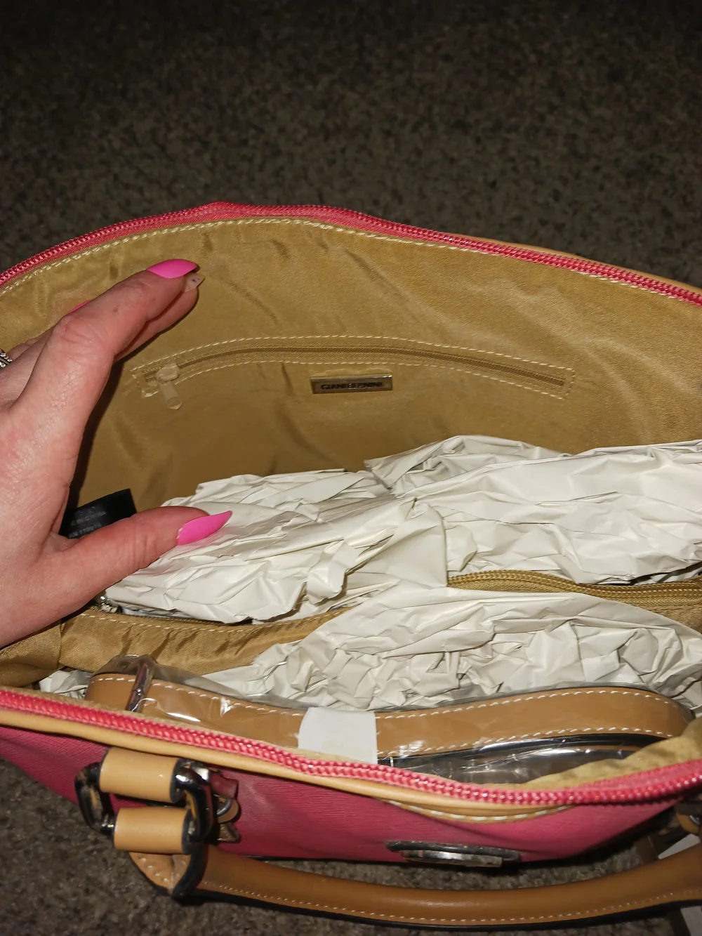 Giani Bernini Pink Satchel with Tan Trim and Logo Accent